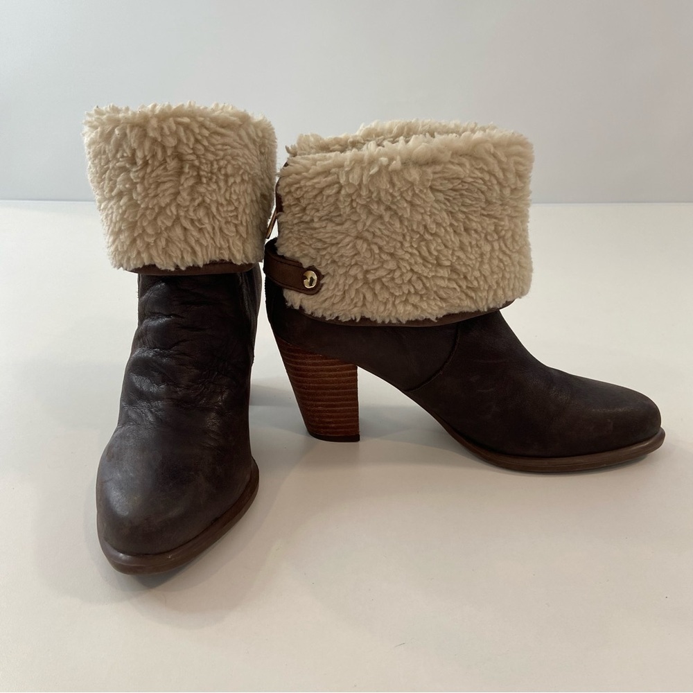 Tommy Hilfiger heeled ankle boots brown genuine leather shearling size 8 almond - Picture 9 of 16
